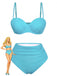 Ensemble bikini bleu avec une illustration de style vintage d'une femme sur fond blanc
