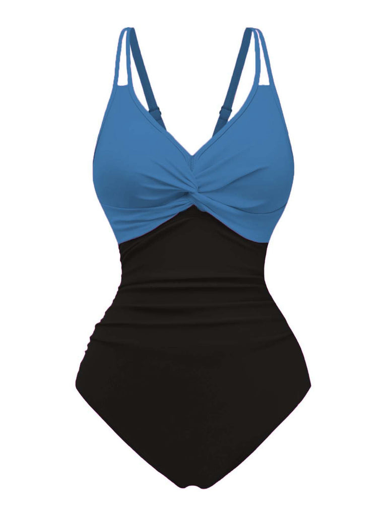 Maillot de bain bicolore bleu et noir sur fond blanc