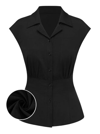 Blouse Noir à Manches Volantées Années 1950