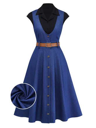 2PCS Blouse Noire et Robe Demin Ceinurée Années 1950