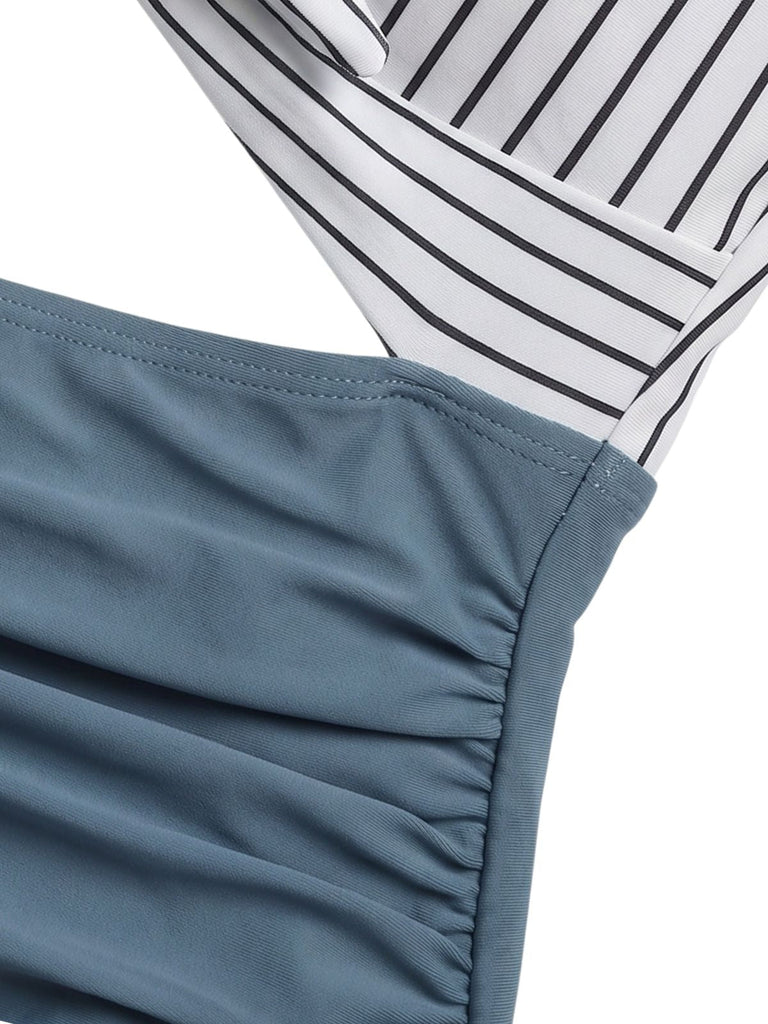 Maillot de Bain Une Pièce Taille Haute Rayé Découpé Bleu Années 1930 5
