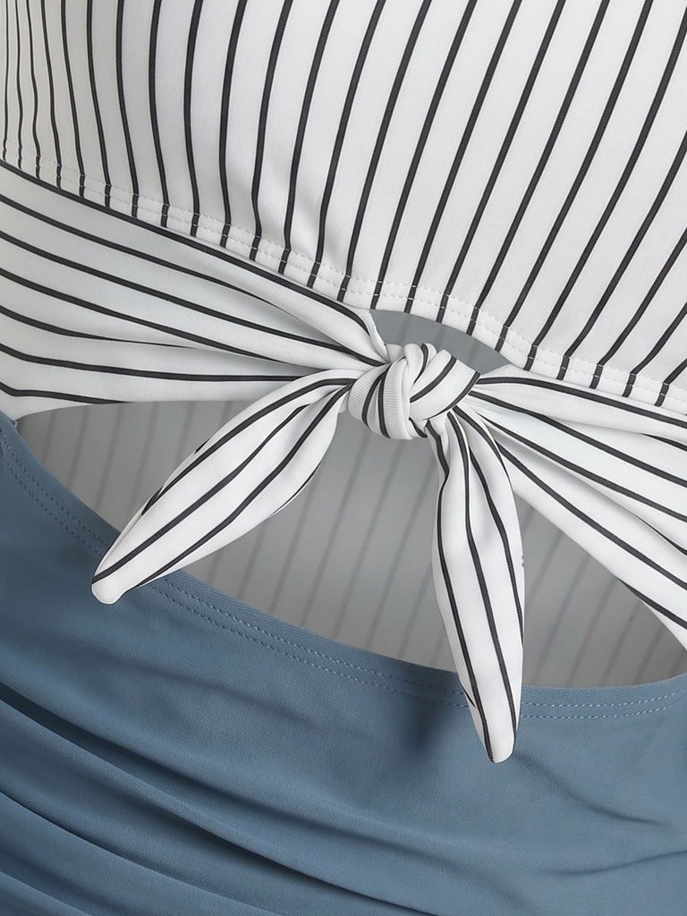 Maillot de Bain Une Pièce Taille Haute Rayé Découpé Bleu Années 1930 6