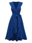 Robe bleu col en V ourlet volants et liens années 1930
