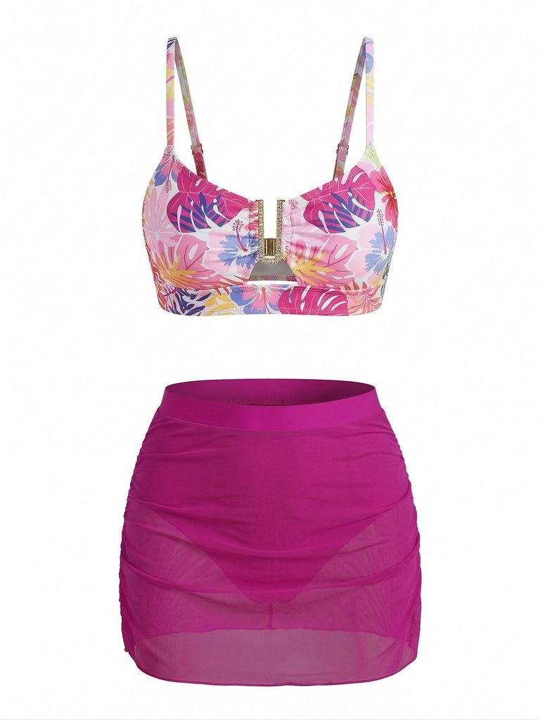 Ensemble Tankini Floral à Boucle Métal en U Taille Haute années '60 5