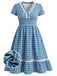 [Prévente] [Grande Taille] Robe Col V Boutonnée à Carreaux et Bordure en Dentelle Bleue Années 1940