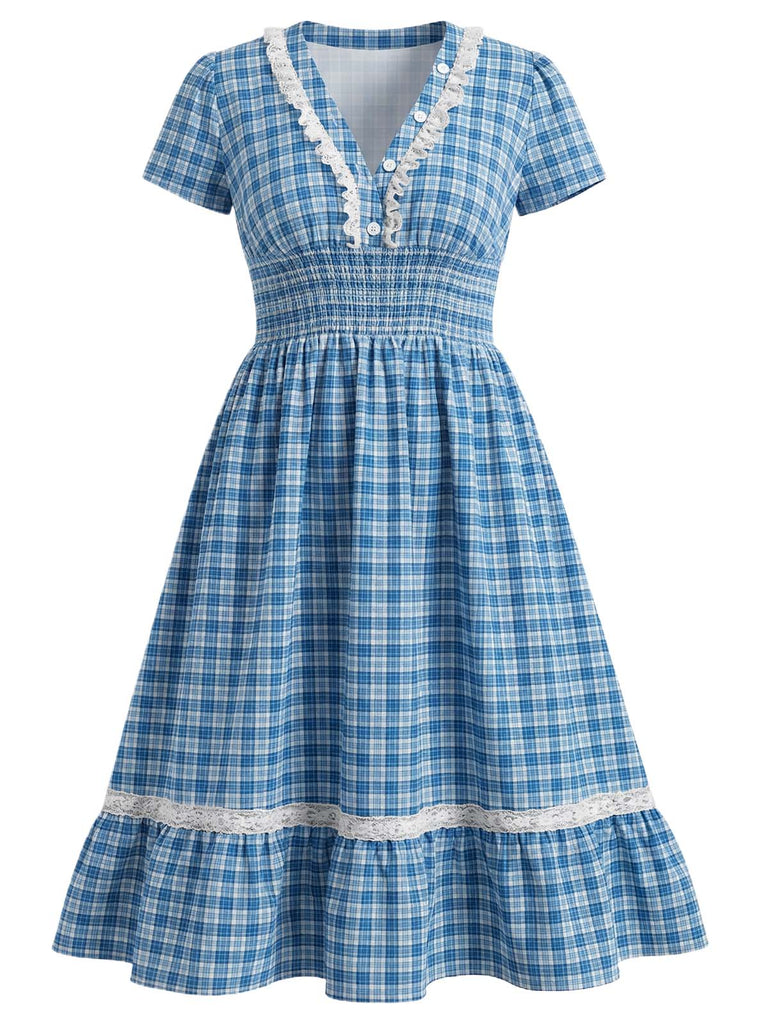 [Prévente] [Grande Taille] Robe Col V Boutonnée à Carreaux et Bordure en Dentelle Bleue Années 1940 2