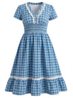 [Prévente] [Grande Taille] Robe Col V Boutonnée à Carreaux et Bordure en Dentelle Bleue Années 1940 2