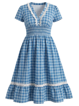 [Prévente] [Grande Taille] Robe Col V Boutonnée à Carreaux et Bordure en Dentelle Bleue Années 1940 2