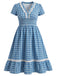 [Prévente] [Grande Taille] Robe Col V Boutonnée à Carreaux et Bordure en Dentelle Bleue Années 1940 2