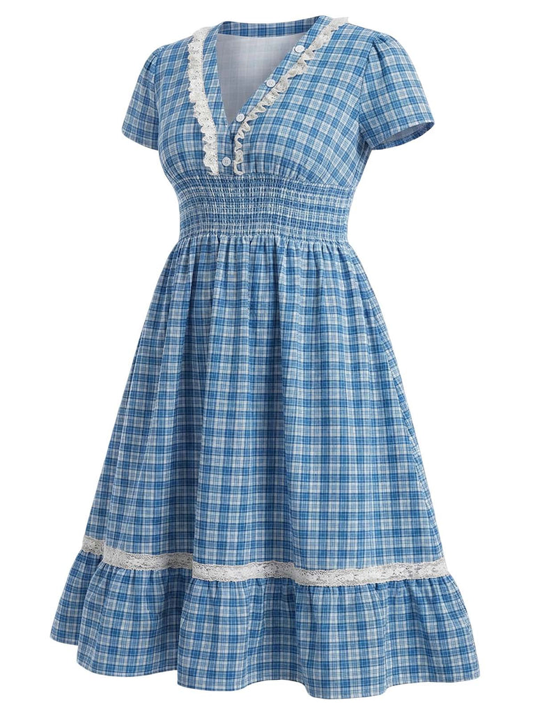 [Prévente] [Grande Taille] Robe Col V Boutonnée à Carreaux et Bordure en Dentelle Bleue Années 1940 3