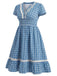 [Prévente] [Grande Taille] Robe Col V Boutonnée à Carreaux et Bordure en Dentelle Bleue Années 1940 3
