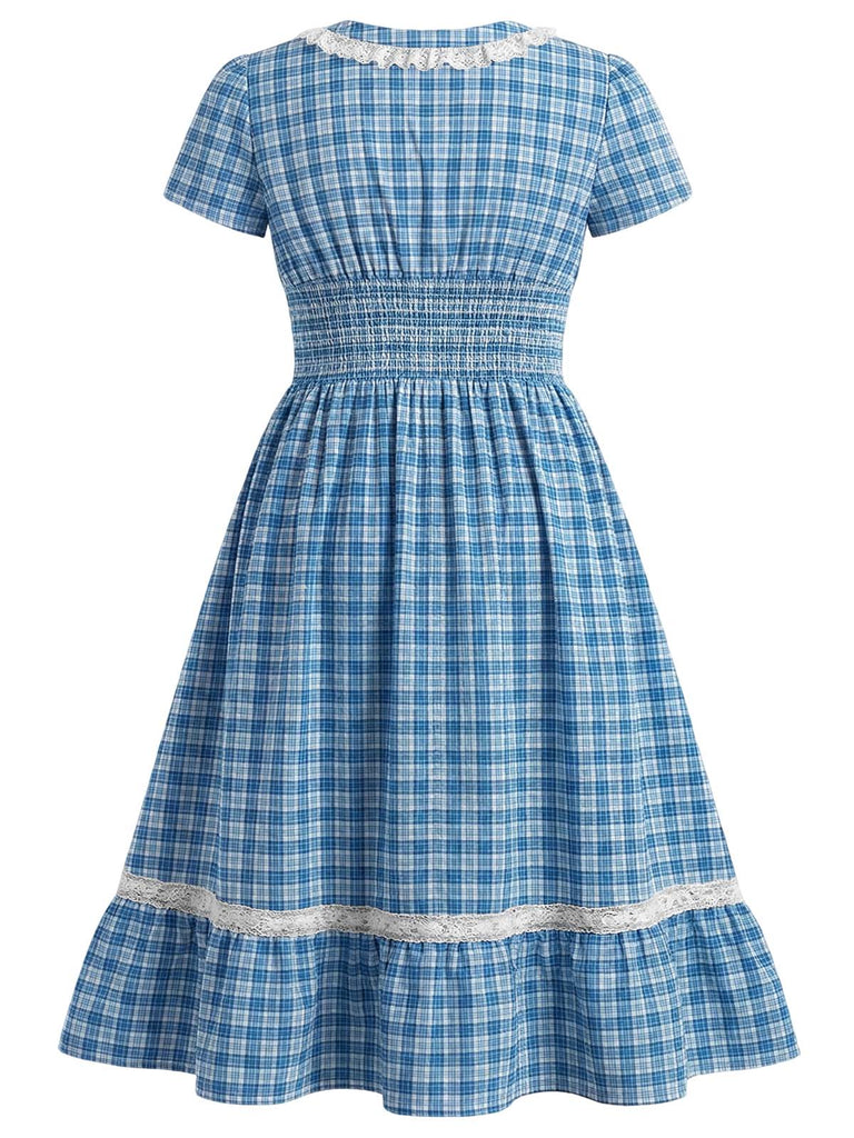 [Prévente] [Grande Taille] Robe Col V Boutonnée à Carreaux et Bordure en Dentelle Bleue Années 1940 4