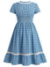 [Prévente] [Grande Taille] Robe Col V Boutonnée à Carreaux et Bordure en Dentelle Bleue Années 1940 4