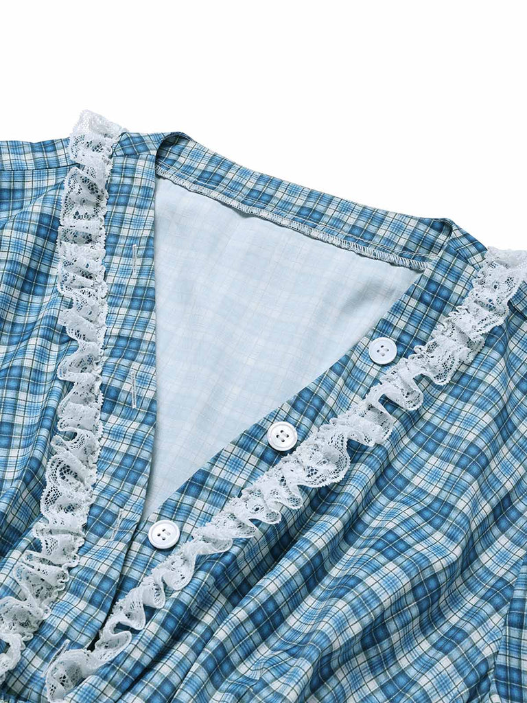 [Prévente] [Grande Taille] Robe Col V Boutonnée à Carreaux et Bordure en Dentelle Bleue Années 1940 5
