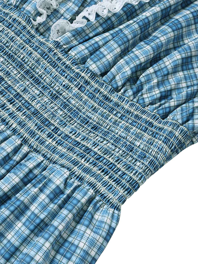 [Prévente] [Grande Taille] Robe Col V Boutonnée à Carreaux et Bordure en Dentelle Bleue Années 1940 6