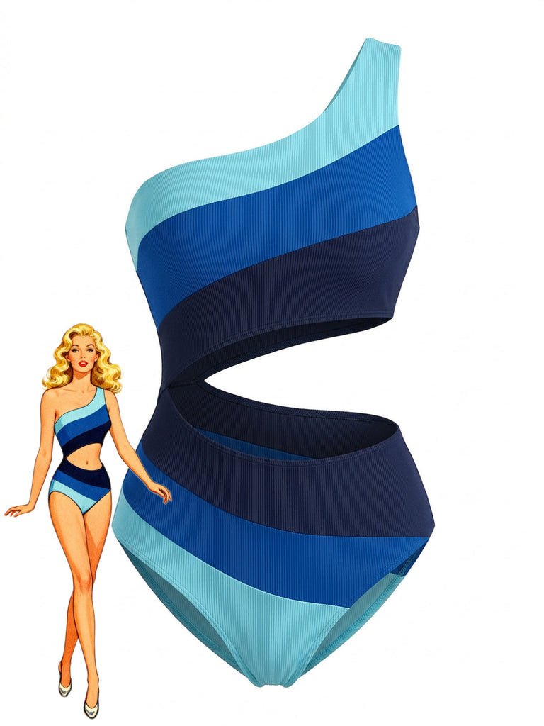 Bleu Asymétrique Rayé Blocs de Couleur Maillot de Bain Une Pièce Années 1940
