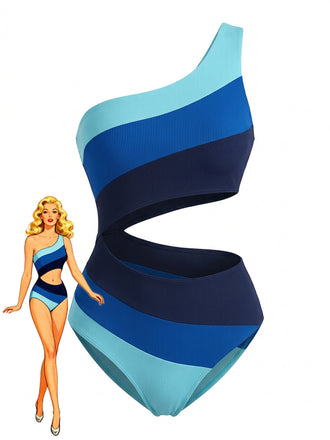 Bleu Asymétrique Rayé Blocs de Couleur Maillot de Bain Une Pièce Années 1940