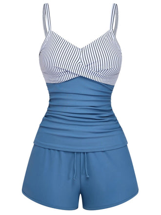 Maillot de bain rayé bleu poches et fronces années 1940