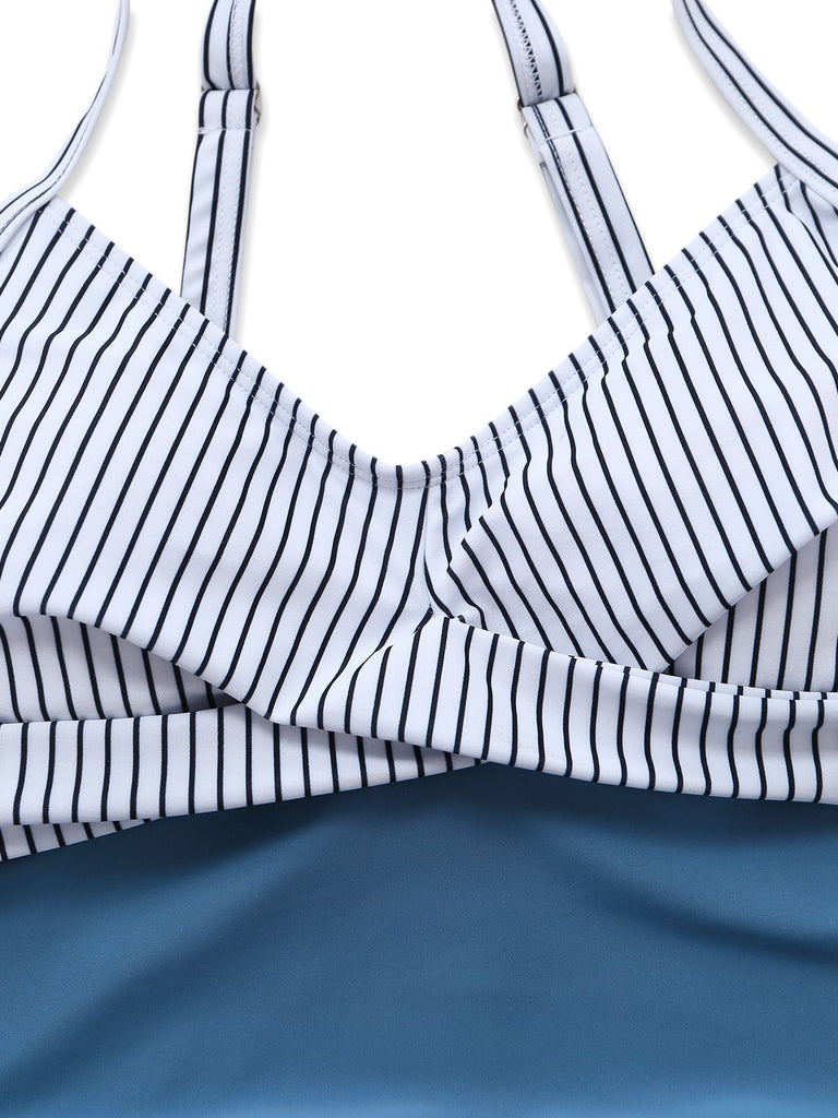 Maillot de bain rayé bleu poches et fronces années 1940