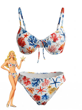 Ensemble Bikini Corail Étoile de Mer Imprimé Bleu Années 1950