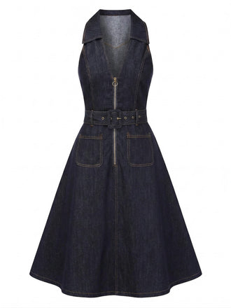 [Prévente] Revers Profond-V Denim Coton Ceinturée Robe Années 1970