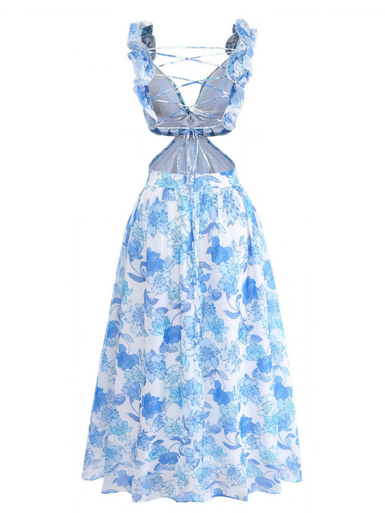 Robe Longue Florale Découpée à Bretelles à Volants Bleue Années 1950 3