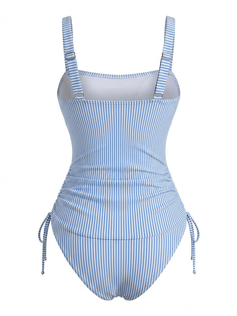 Blue 1950s Pinstripe Ruched Drawstring Tankini Set - vintage fashion, retro style