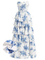 Longue robe bleue bustier à baleines et volants étagés motif floral années 1930