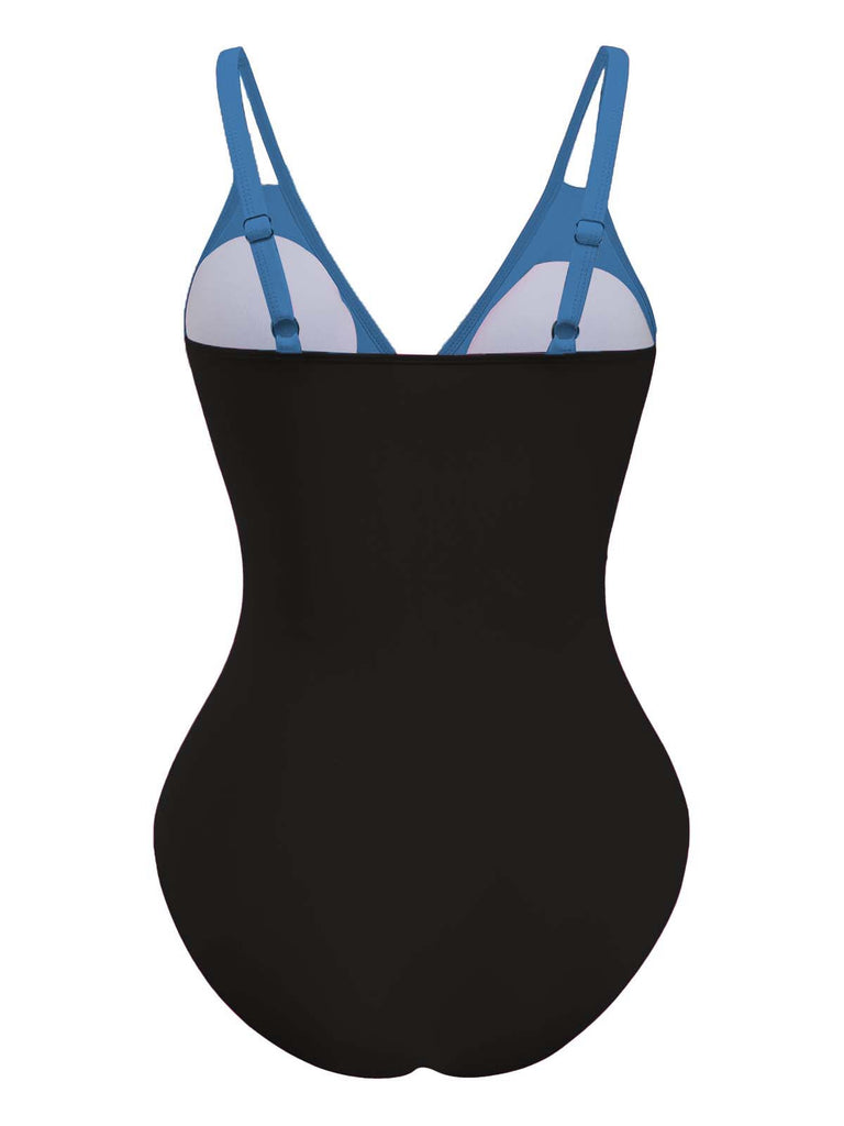 Black swimsuit with blue straps on a white background