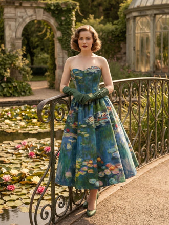 Robe bustier bleue motif nénuphars et décolleté cœur années 50