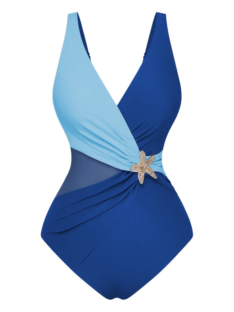 Blue and light blue swimsuit with a starfish detail on a white background