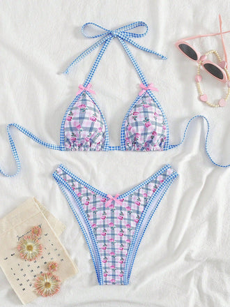 Ensemble Bikini Triangle Halter Vichy Floral avec Nœud Bleu Années 60
