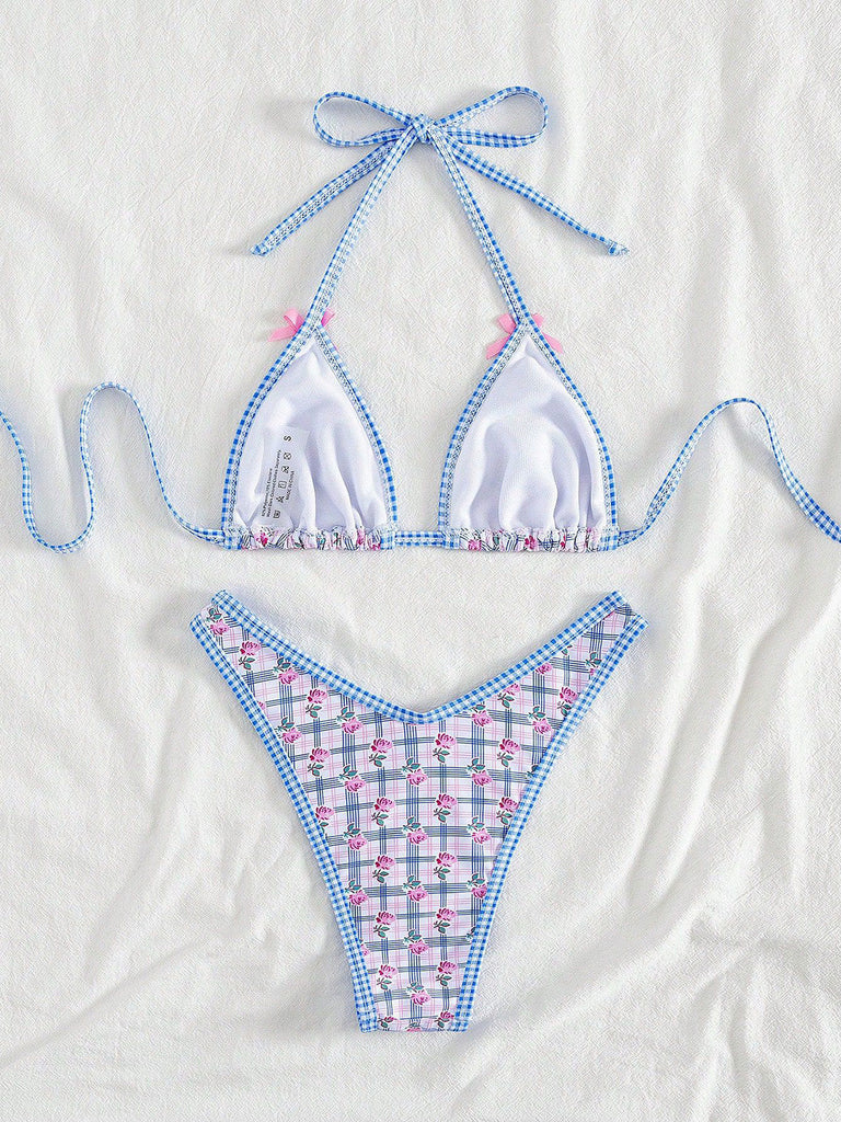 Ensemble Bikini Triangle Halter Vichy Floral avec Nœud Bleu Années 60