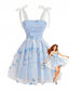Robe Courte Bretelles Tulle Brodé Fleurs Bleu Ciel Années 1950