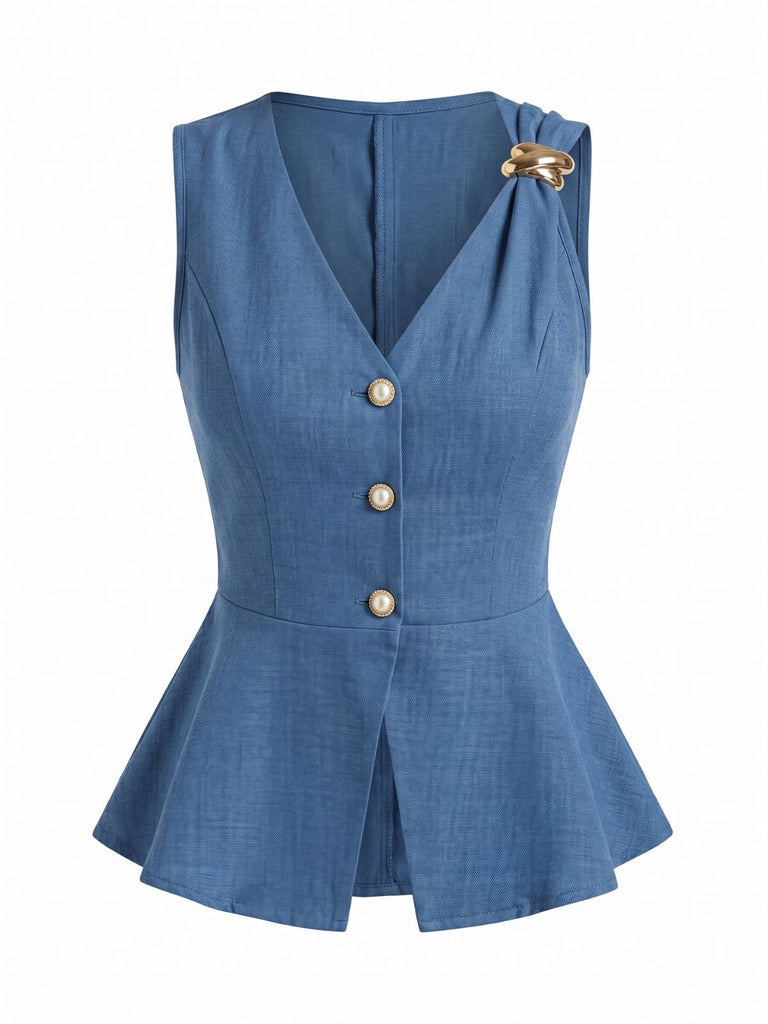 Tops Perle Col V Boutonné Bleu Années 1960 2