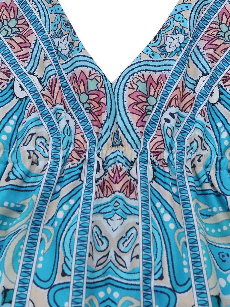 Robe Midi Halter Évasée Boho Paisley Bleu Années 70