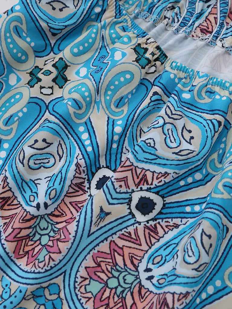 Robe Midi Halter Évasée Boho Paisley Bleu Années 70
