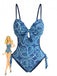 Maillot de Bain Une Pièce Bohème Imprimé Cachemire Découpé Bleu Années 1970