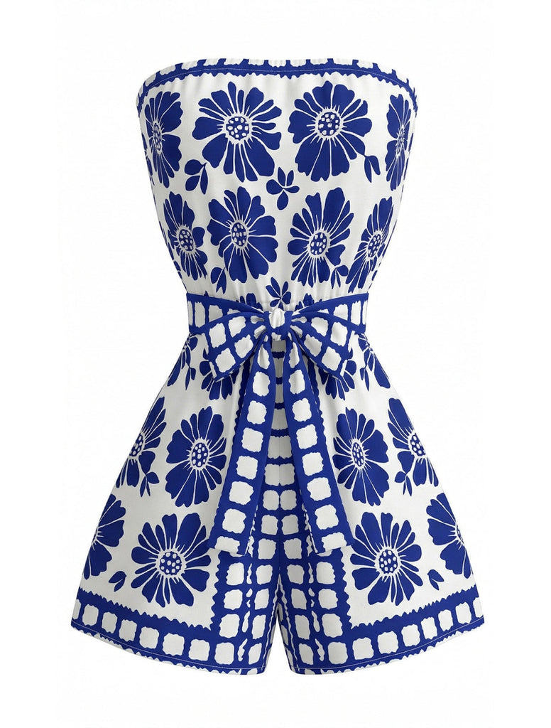 Combishort Bustier Ceinturé Floral Bleu Années 1970