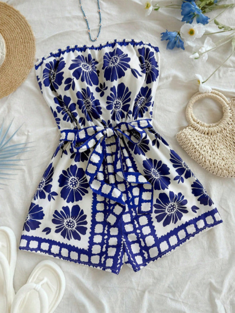 Combishort Bustier Ceinturé Floral Bleu Années 1970
