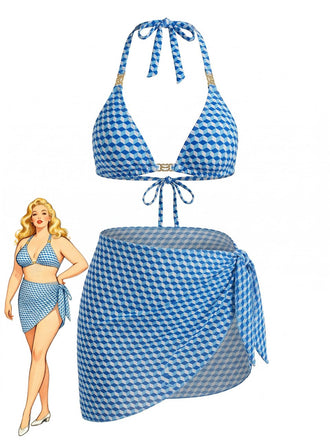 Ensemble 3 Pièces Bikini Dos-Nu Géométrique Cube 3D & Cache-Maillot Bleu Années 1970