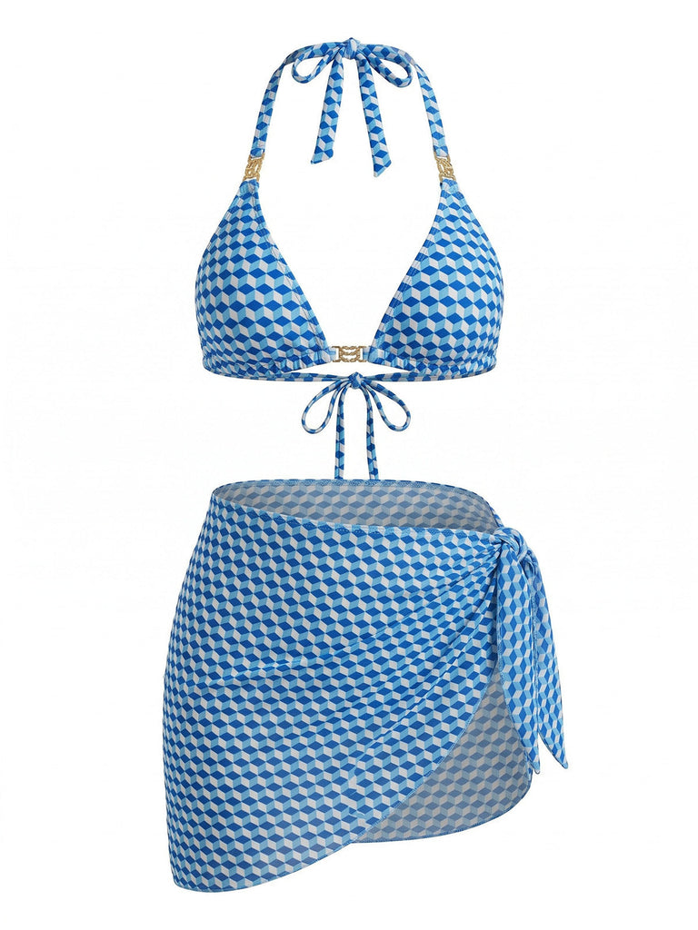 Ensemble 3 Pièces Bikini Dos-Nu Géométrique Cube 3D & Cache-Maillot Bleu Années 1970
