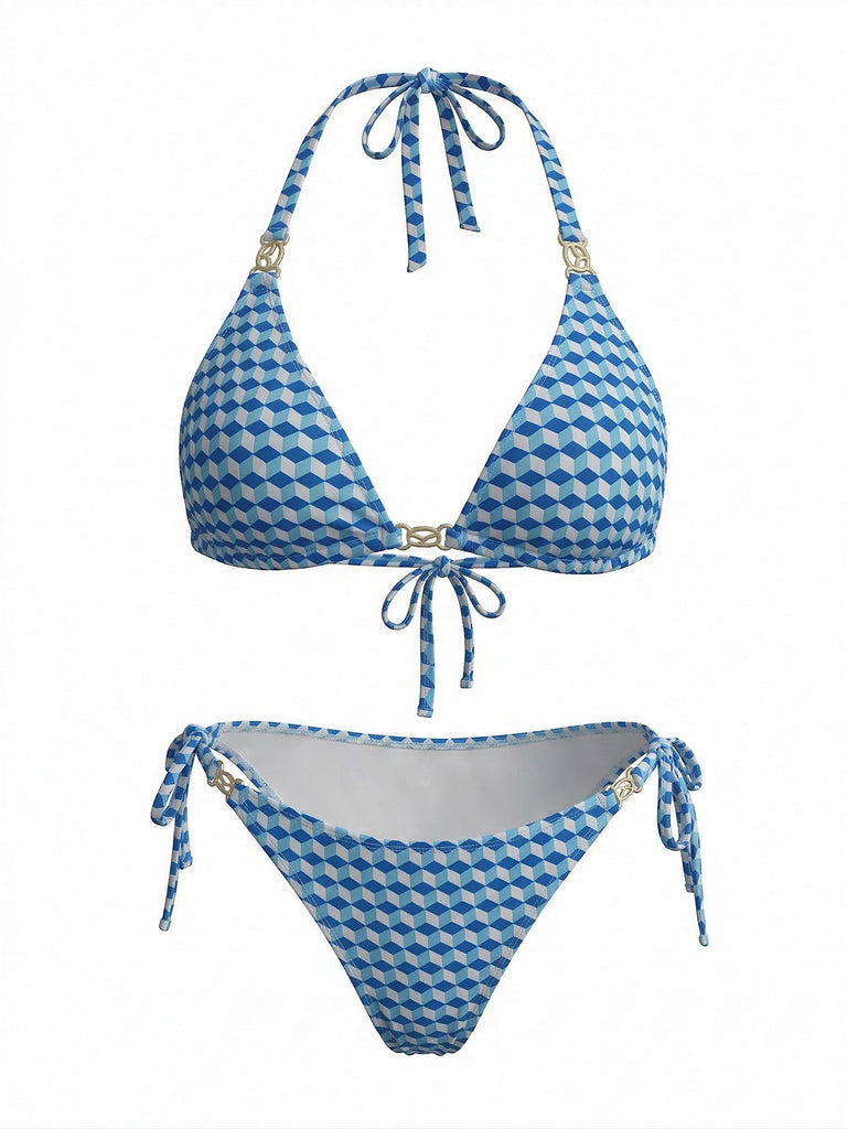 Ensemble 3 Pièces Bikini Dos-Nu Géométrique Cube 3D & Cache-Maillot Bleu Années 1970