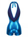 Shiny blue Romper with a halter neck design on a white background