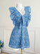 Robe Courte Paisley Col V à Volants Brodée Bleue Années 1970 4