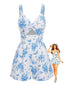 Combishort bleu motifs floraux col V ajouré et détails smockés années 70