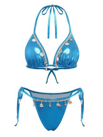 Bleu Métallisé Coquillage Halter Ensemble Bikini Années 1980 2