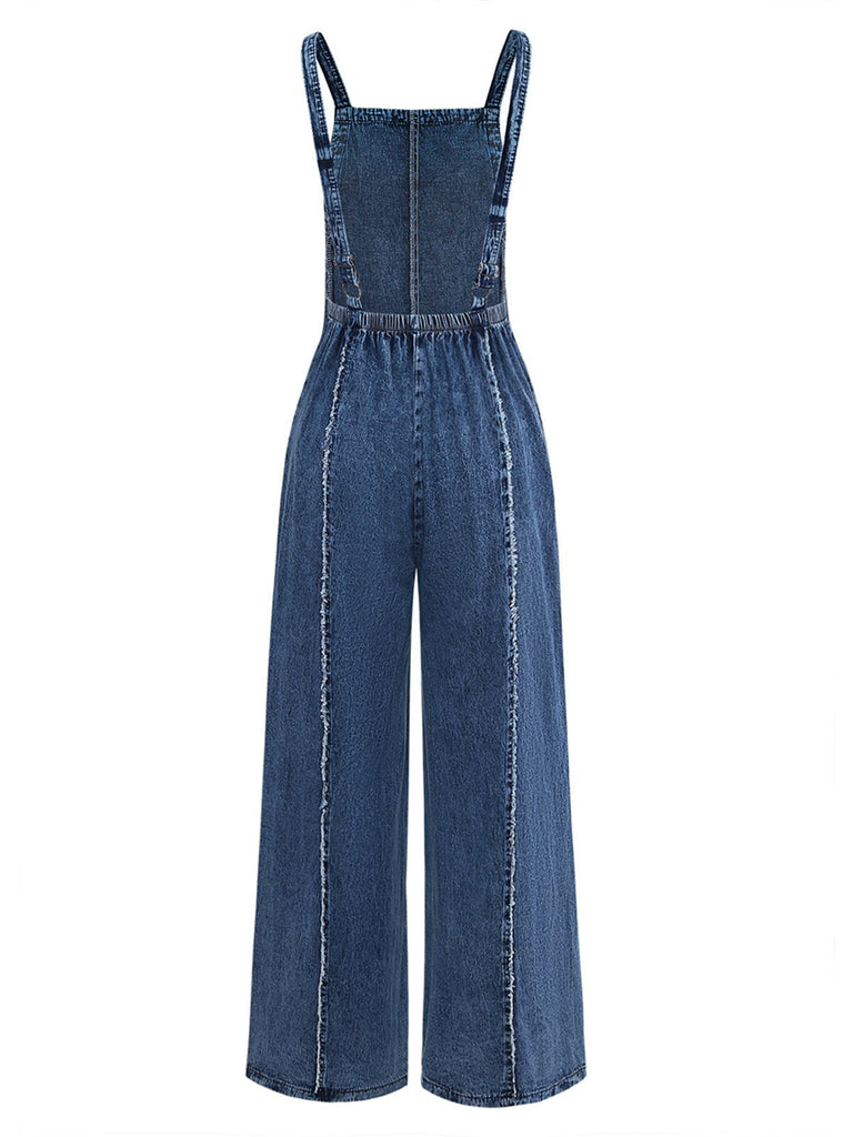 Bleu Denim Jambes Larges Overalls Frayed Combinaison Années 1970 3