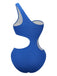 Blue one-shoulder cutout swimsuit back view revealing elegant strappy details perfect for summer beach styling
