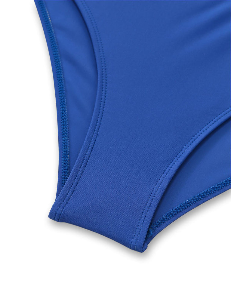 Blue one-shoulder cutout swimsuit gusset detail displaying quality construction and comfortable fit for active swimming